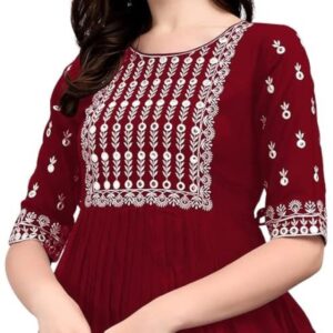 Women's Viscose Rayon Anarkali Round Neck Embroidered 3/4 Sleeve Zallar Kurti